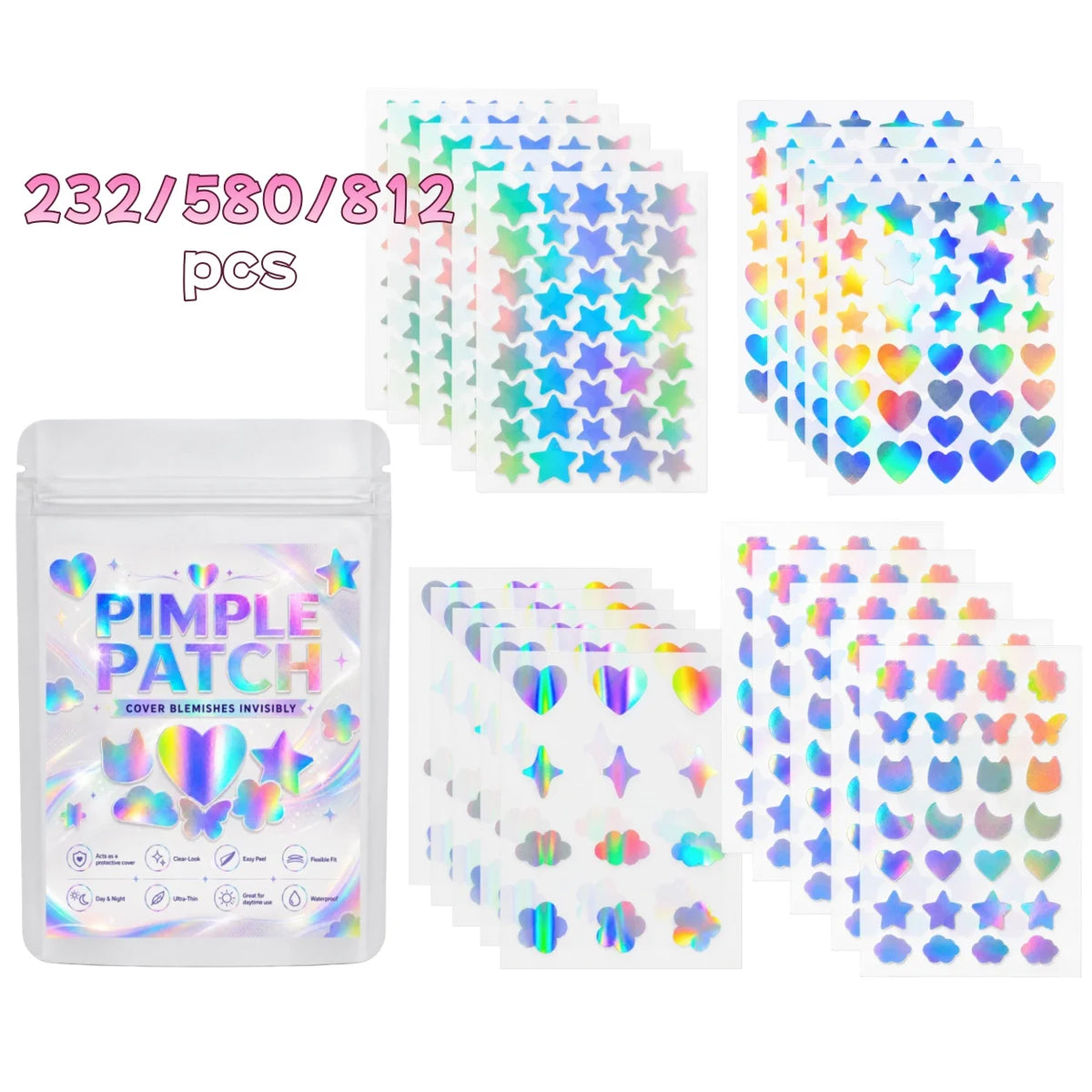 232/580/812pcs Iridescent Mixed-Shape Pimple Patches, Ultra-Thin, Breathable, Skin-Friendly for Daily Wear