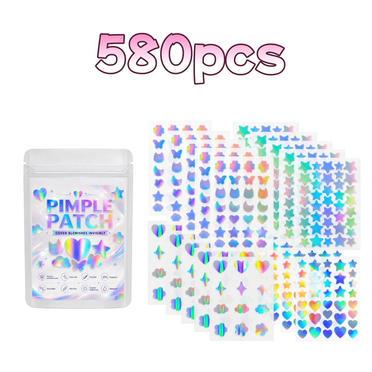 232/580/812pcs Iridescent Mixed-Shape Pimple Patches, Ultra-Thin, Breathable, Skin-Friendly for Daily Wear